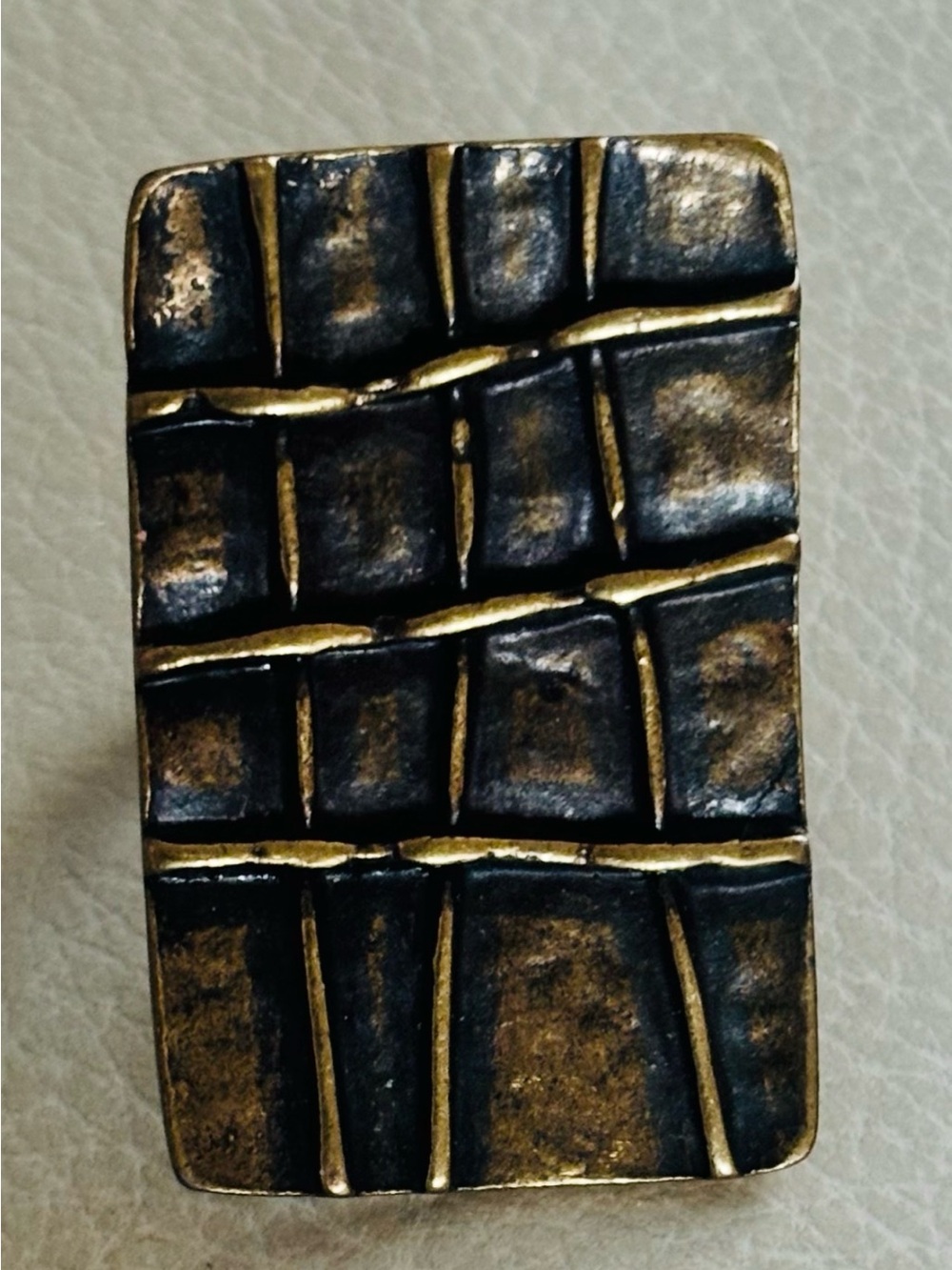 Brutalist Brass Ring Artisan Adjustable Textured Geometric Rectangle